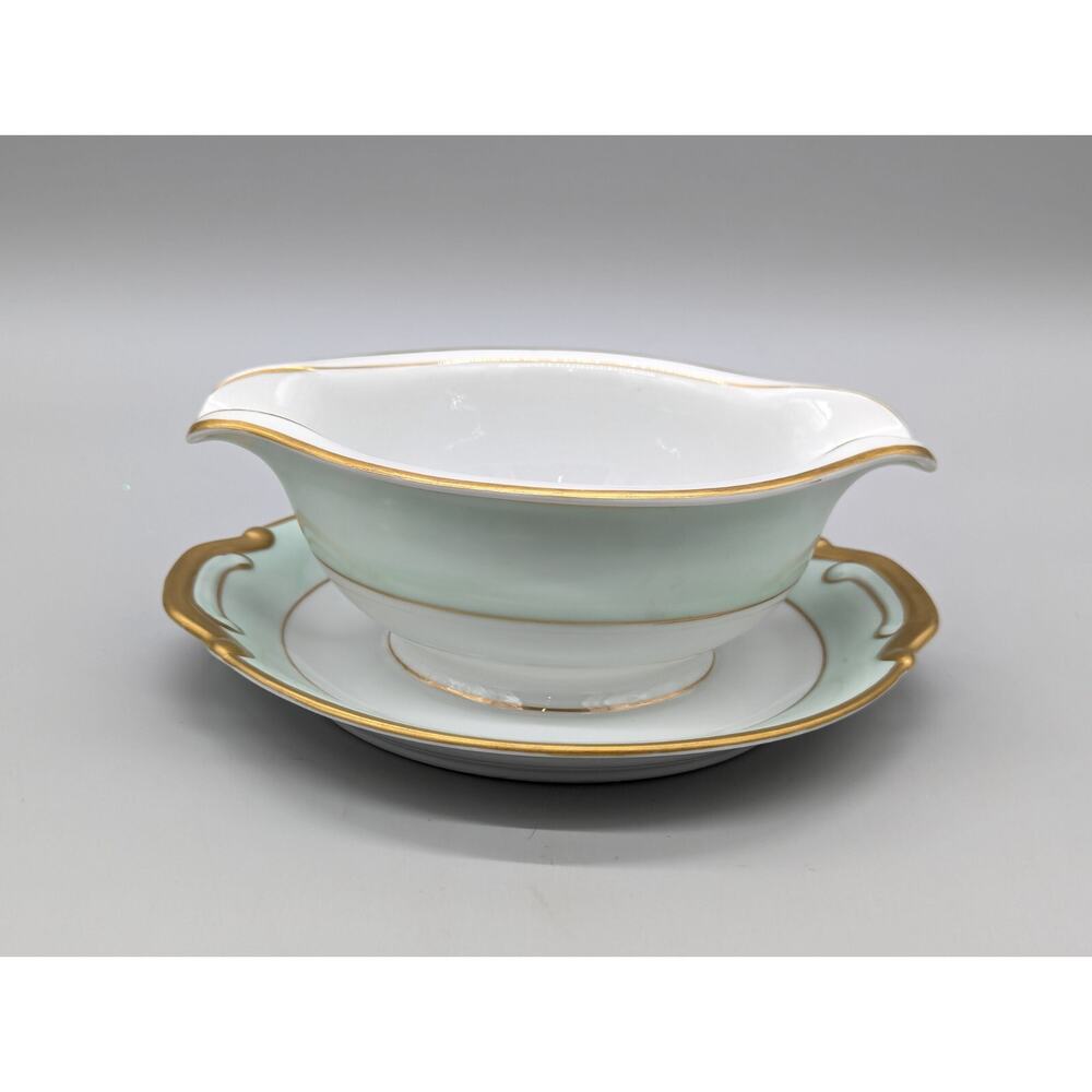 Heirloom Craftsman Japan Porcelain 8" Gravy Boat Attached Plate Gold Rim Green